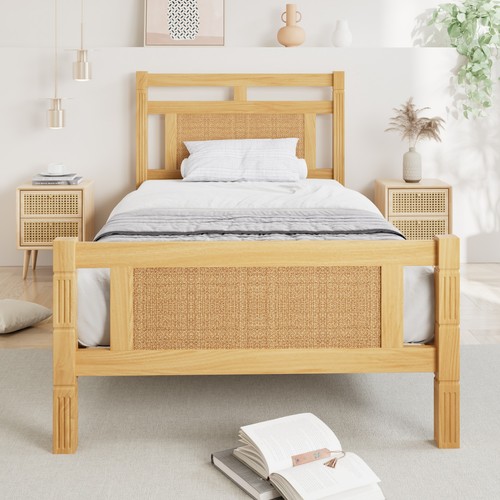 Wooden bed frame with - frame, rattan