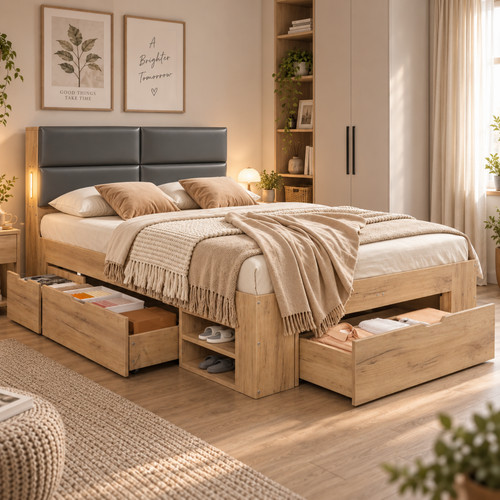 Wooden storage bed 4ft6 - storage, bed,